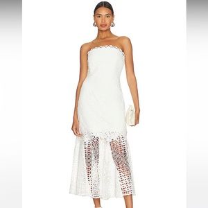 Nuriel Interlocking Geo Lace Midi Dress in White
MILLY